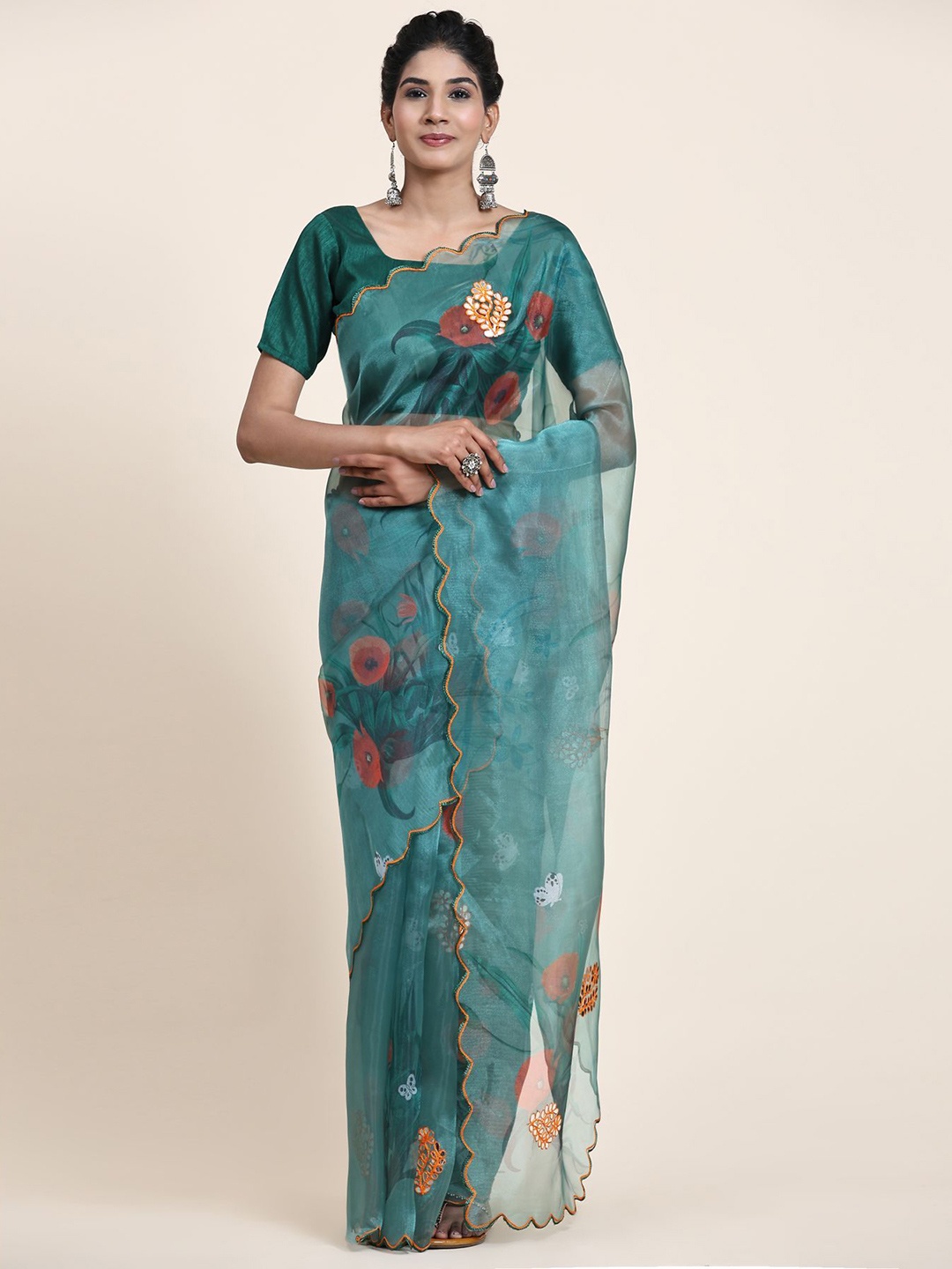 

Vastrasky Global Floral Printed Sequinned Organza Saree, Teal