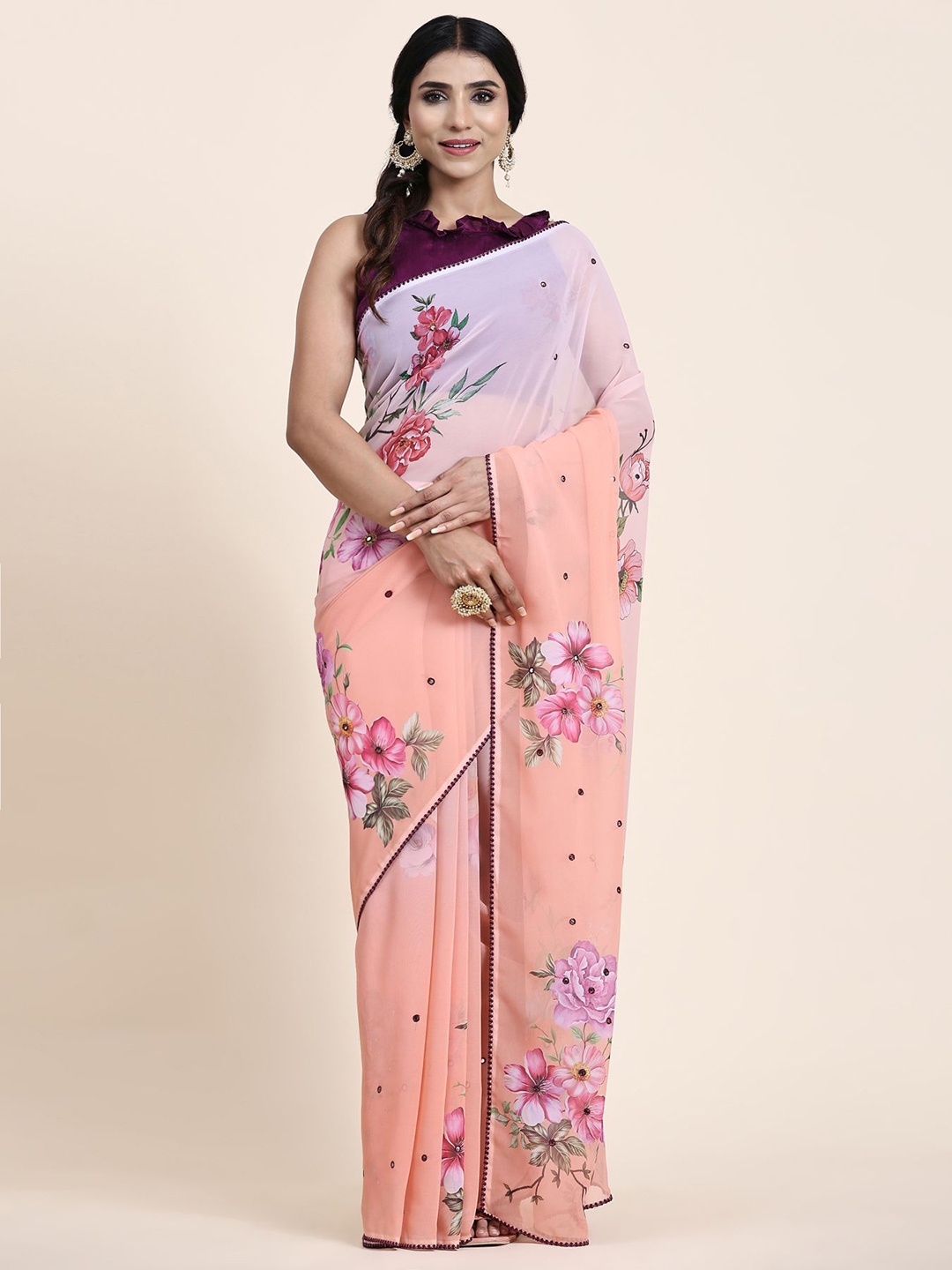 

Vastrasky Global Floral Mirror Work Pure Georgette Saree, Orange