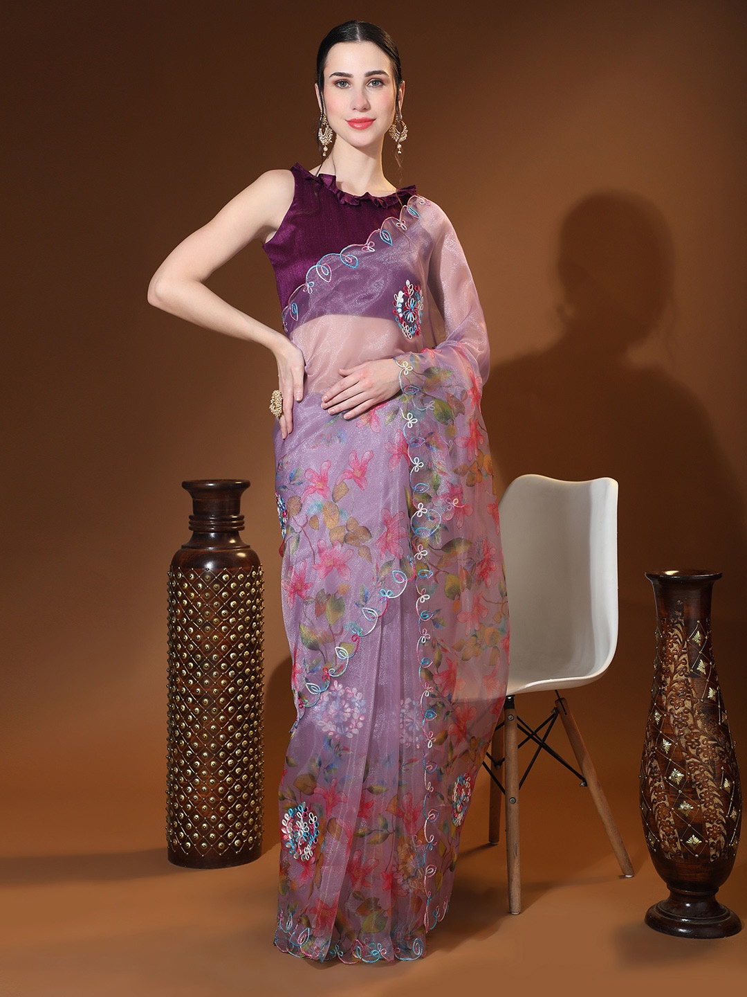 

Vastrasky Global Floral Printed Embroidered Organza Saree, Purple