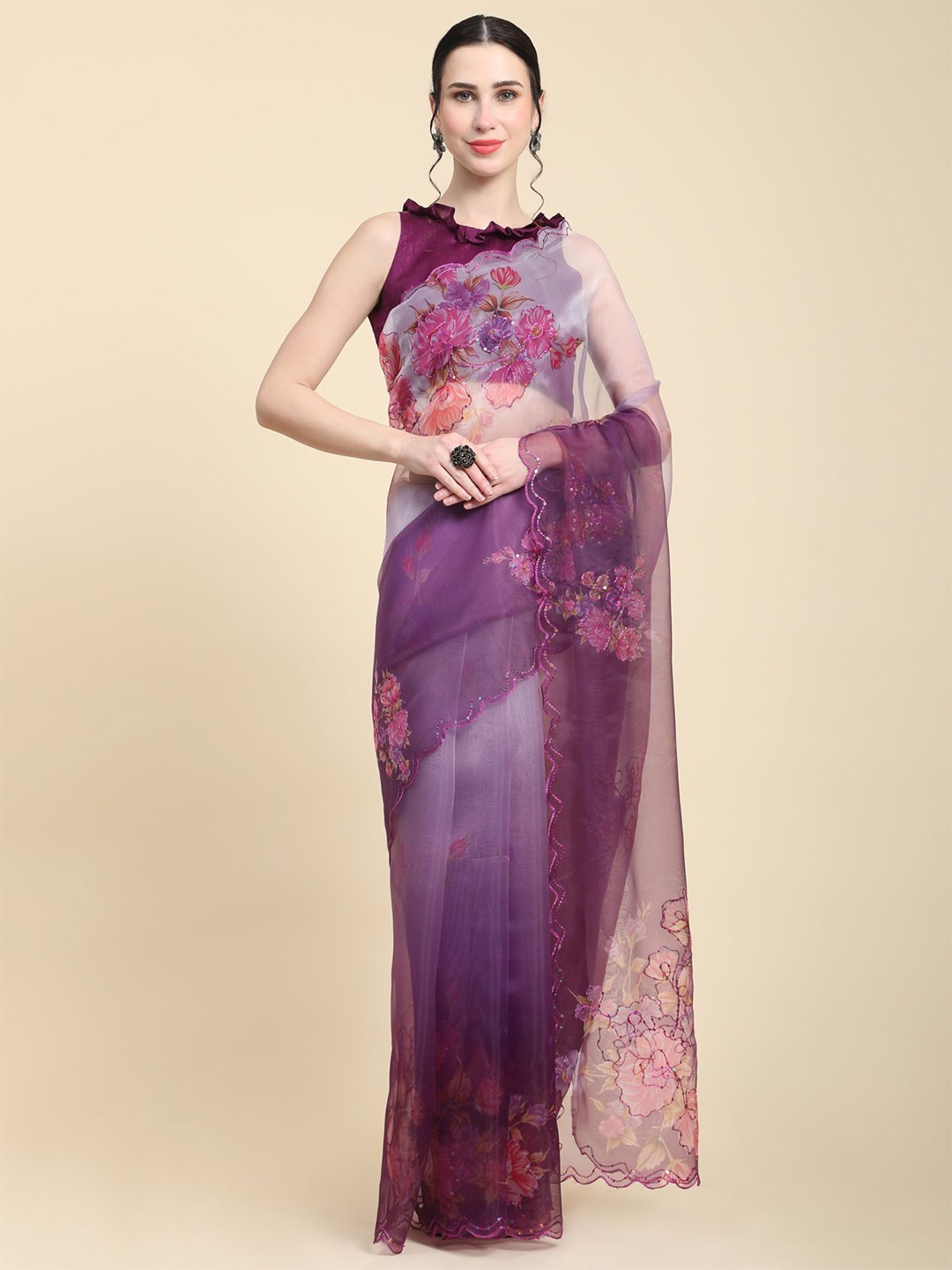 

Vastrasky Global Floral Printed Sequinned Organza Saree, Purple