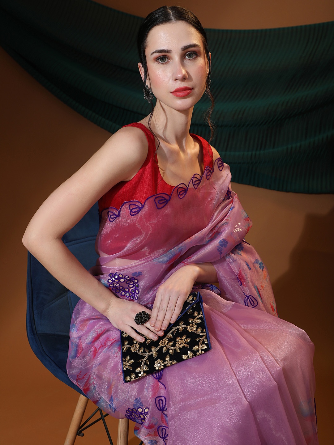 

Vastrasky Global Floral Embriodered Mirror Work Organza Saree, Lavender