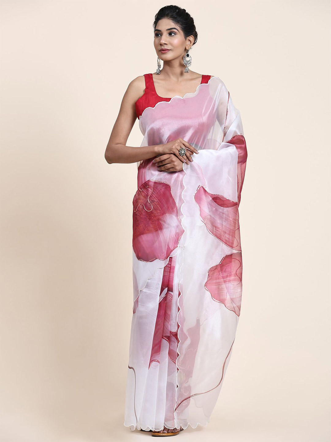 

Vastrasky Global Floral Printed Sequinned Organza Saree, White