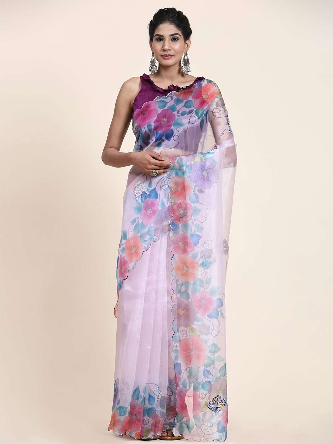 

Vastrasky Global Floral Printed Mirror Work Organza Saree, Lavender