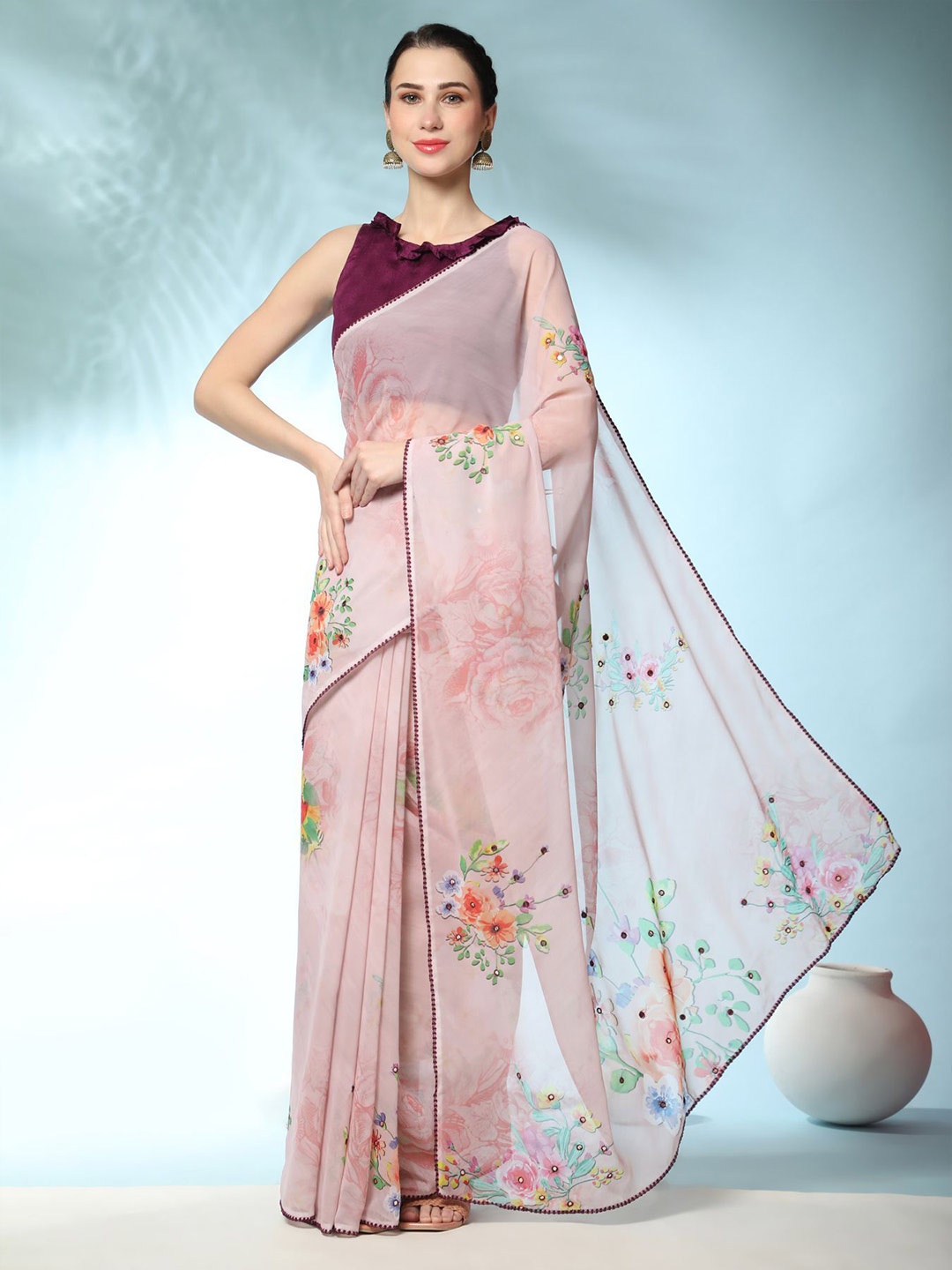 

Vastrasky Global Floral Printed Mirror Work Pure Georgette Saree, Pink