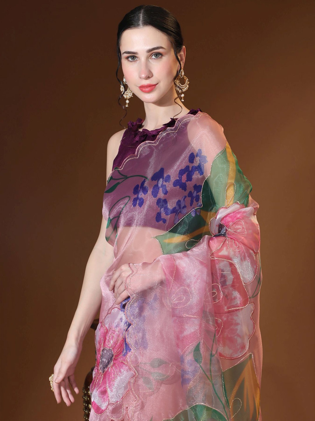 

Vastrasky Global Floral Printed Organza Saree, Pink