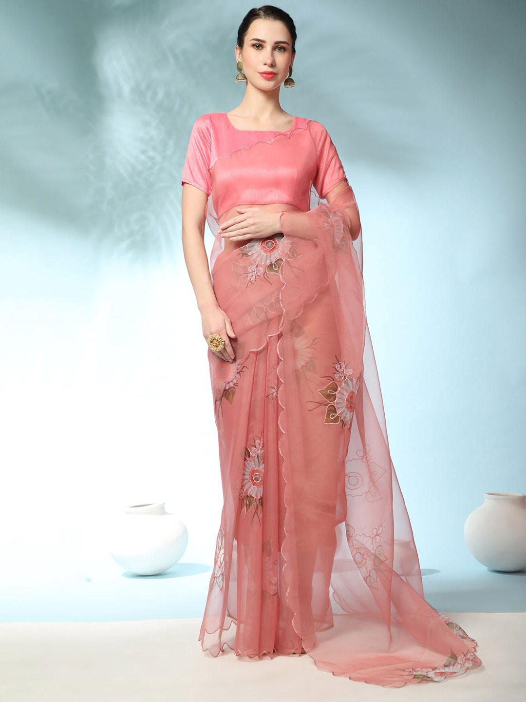 

Vastrasky Global Floral Printed Organza Saree, Peach