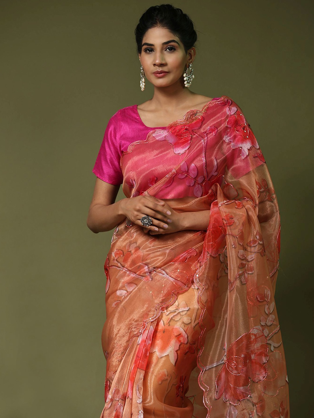 

Vastrasky Global Floral Printed Sequinned Organza Saree, Orange