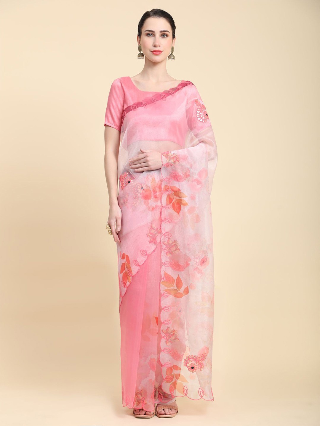 

Vastrasky Global Floral Printed Mirror Work Organza Saree, Pink