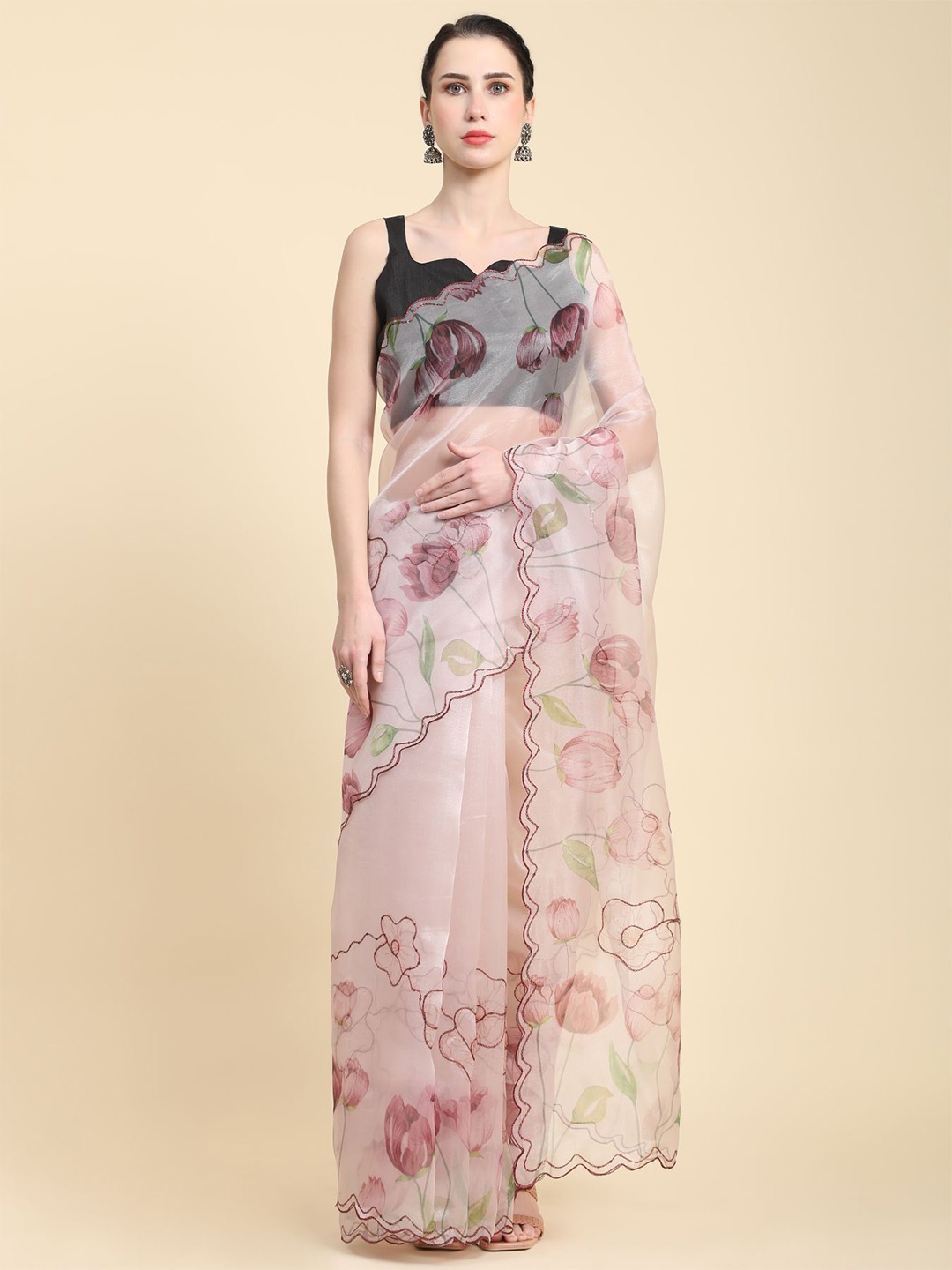 

Vastrasky Global Floral Printed Embroidered Organza Saree, Peach