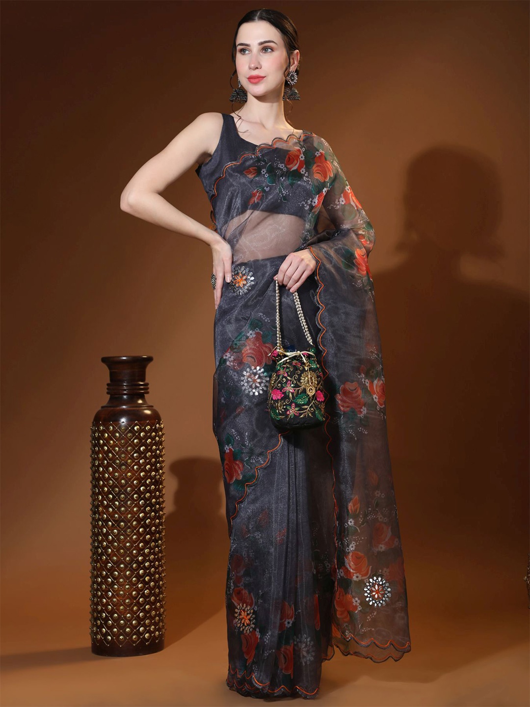 

Vastrasky Global Floral Printed Mirror Work Organza Saree, Grey