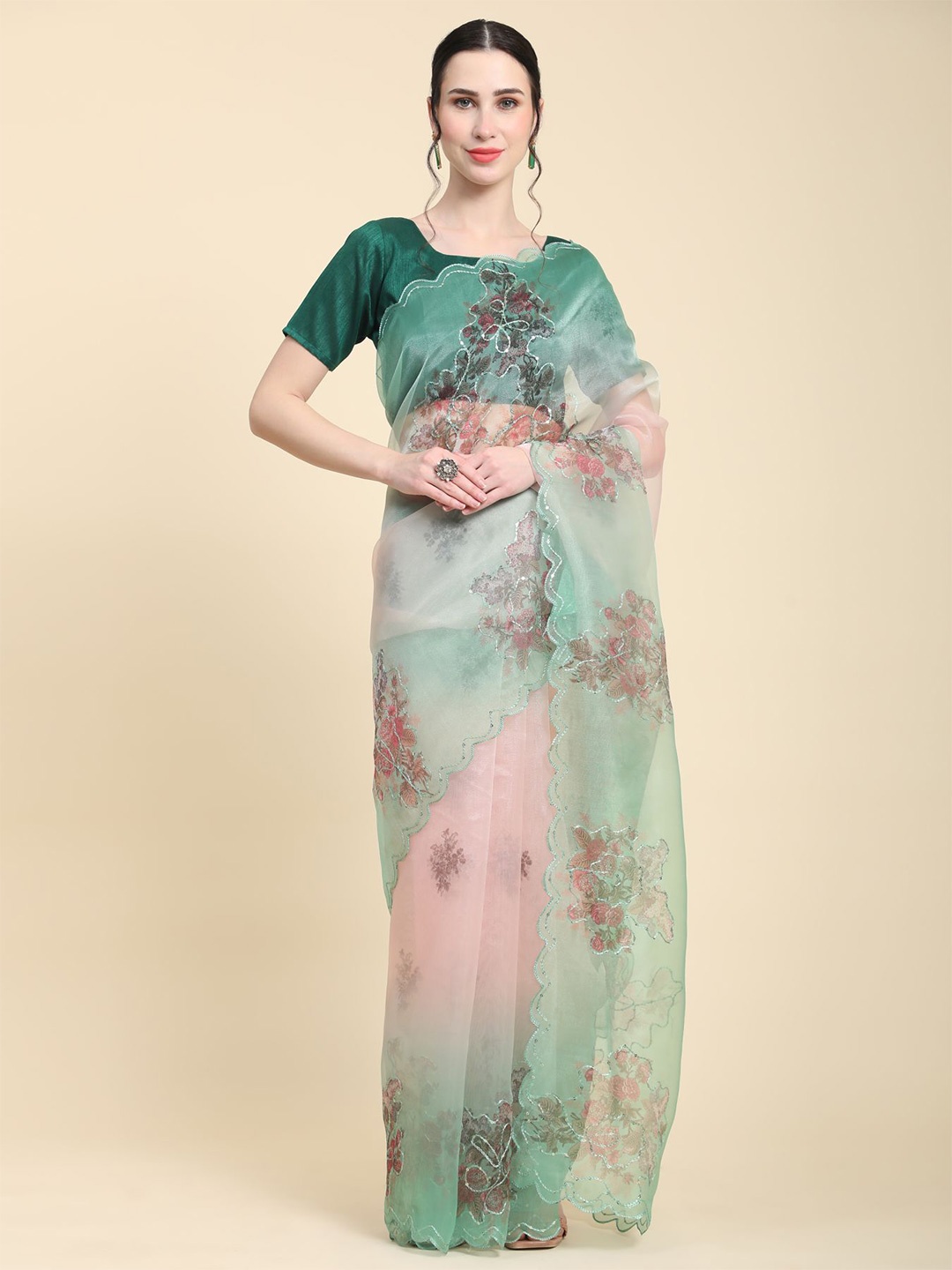 

Vastrasky Global Floral Printed Sequinned Organza Saree, Sea green