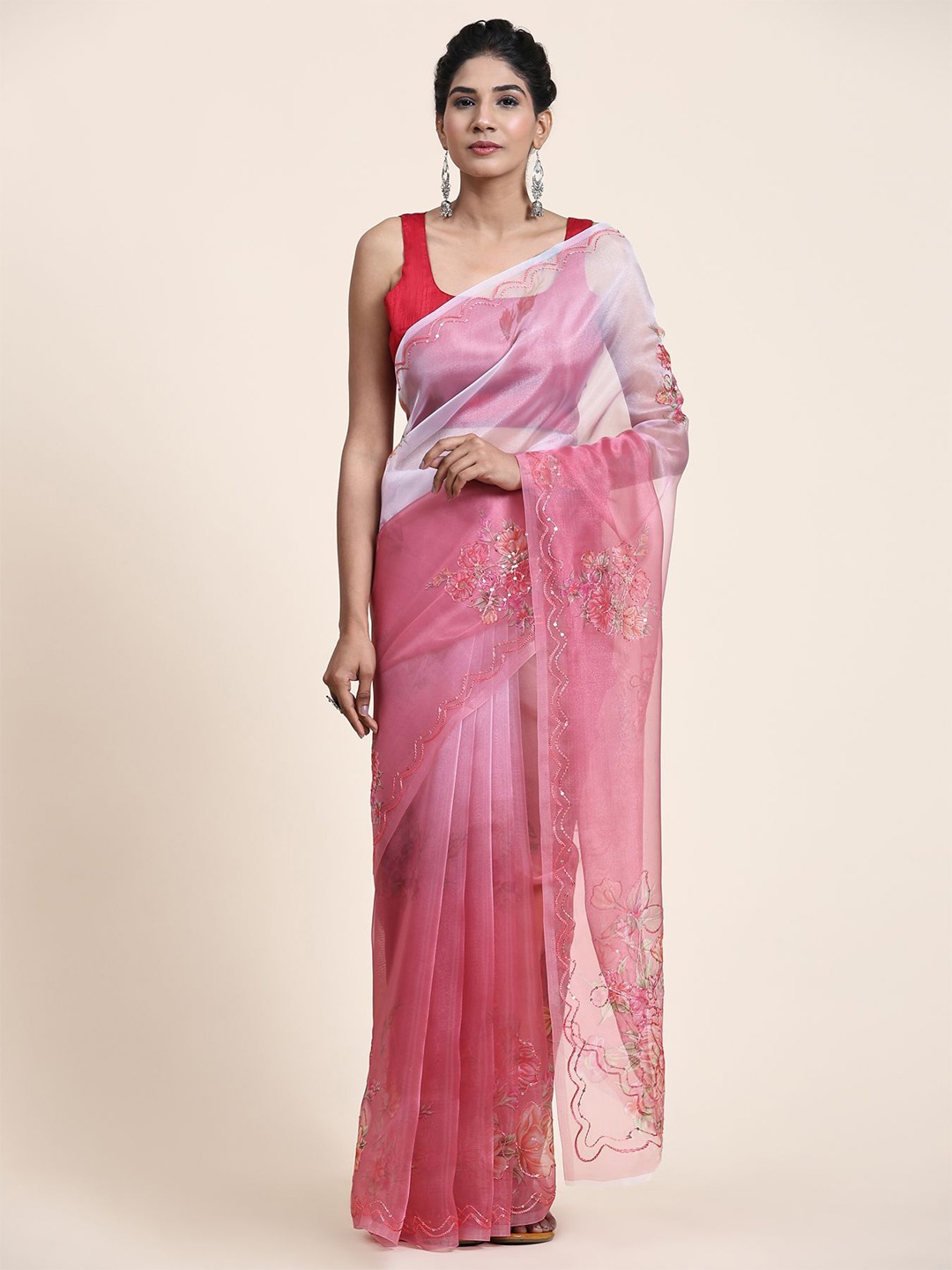 

Vastrasky Global Floral Printed Sequinned Organza Saree, Pink