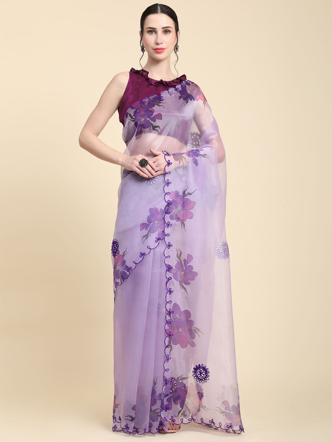 

Vastrasky Global Floral Printed Organza Saree, Lavender