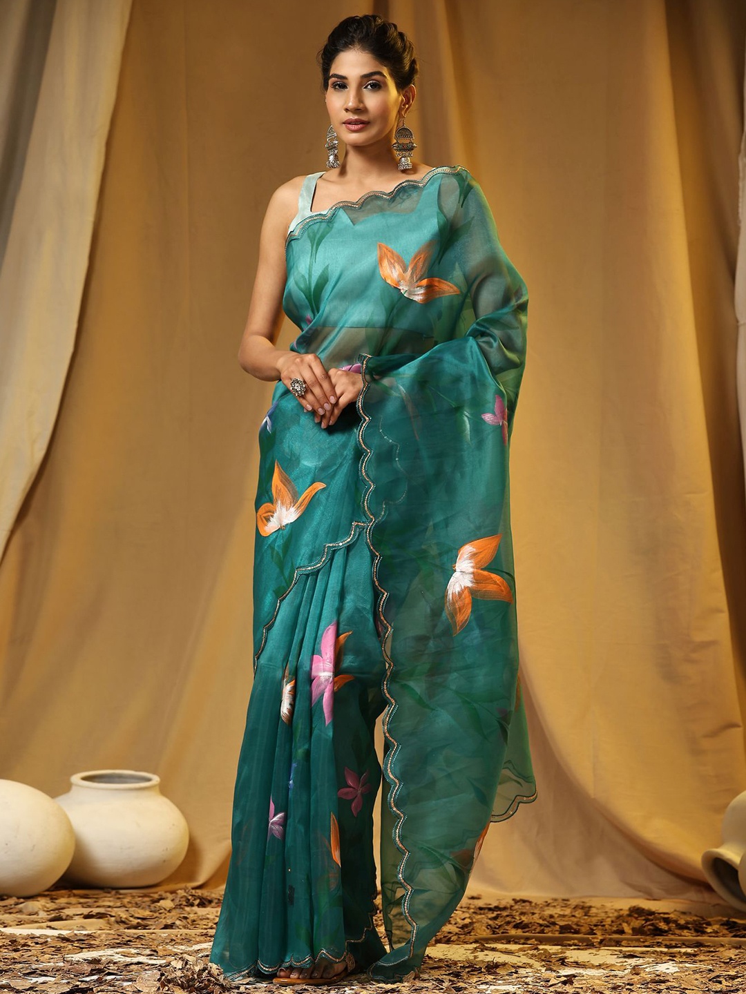 

Vastrasky Global Floral Printed Sequinned Organza Saree, Teal