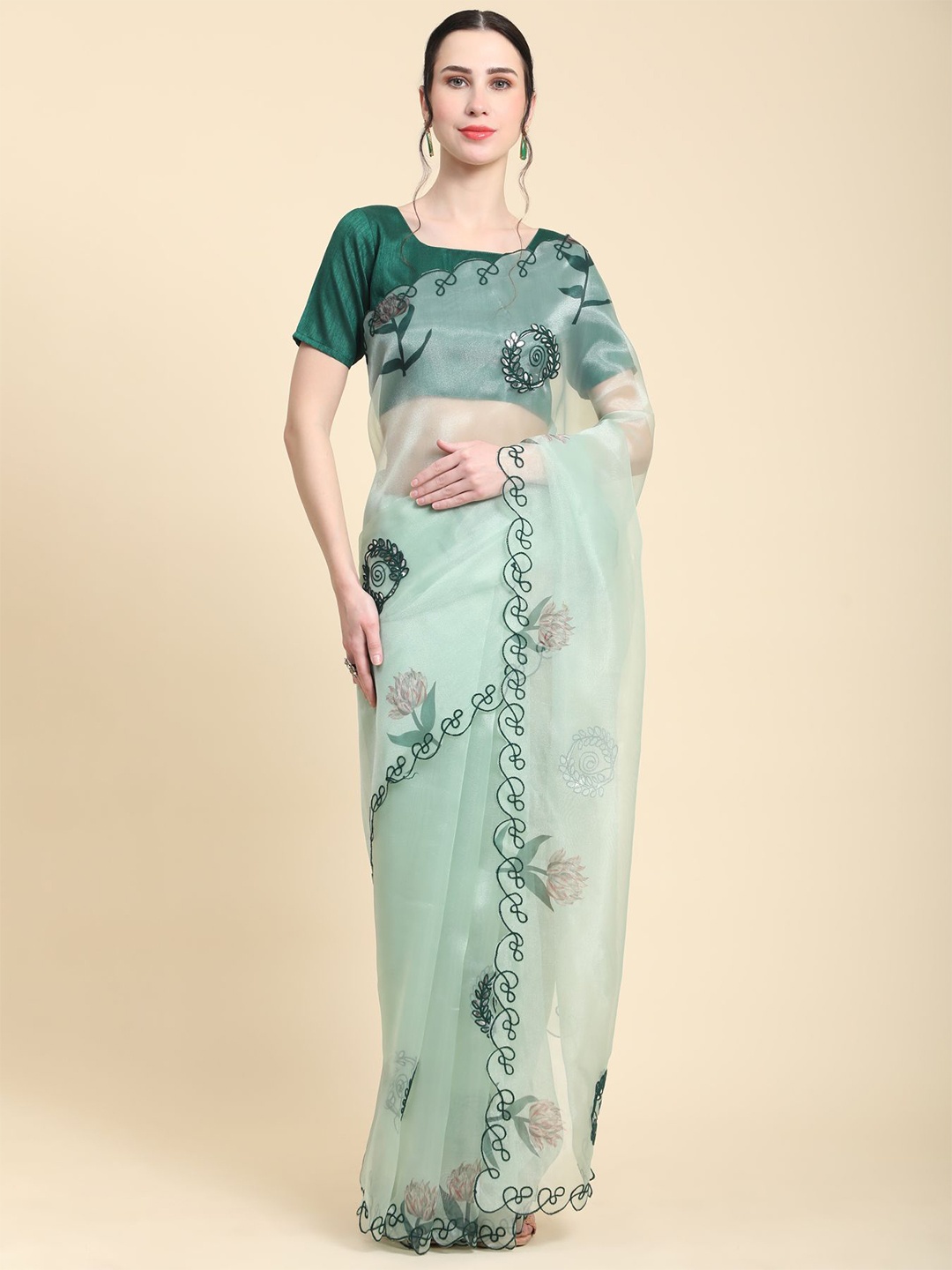 

Vastrasky Global Floral Printed Mirror Work Organza Saree, Sea green