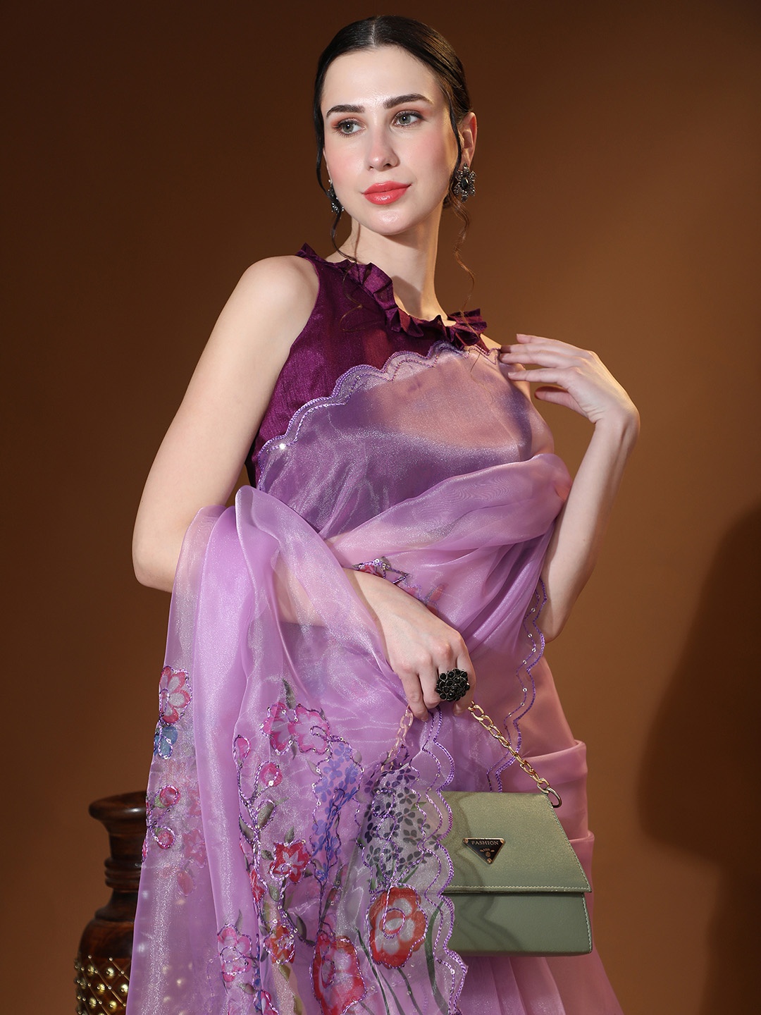 

Vastrasky Global Floral Printed Sequinned Organza Saree, Lavender