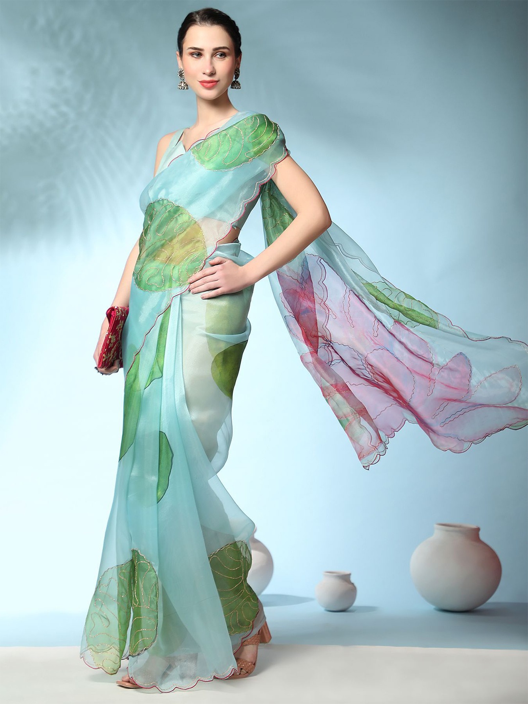 

Vastrasky Global Floral Printed Embroidered Organza Saree, Blue