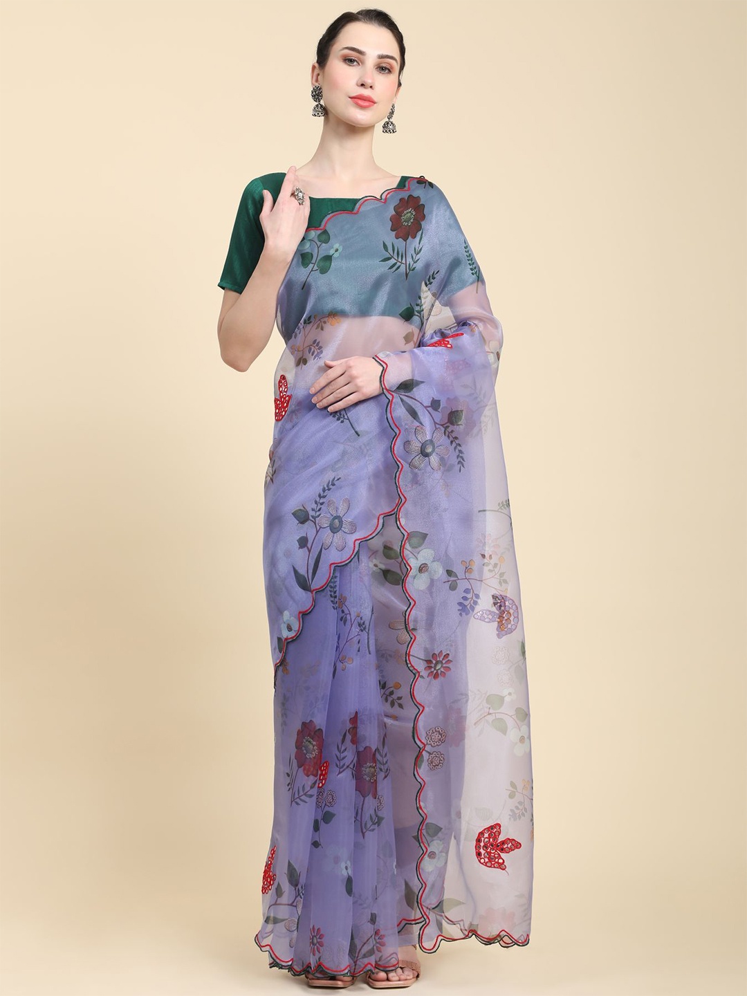 

Vastrasky Global Floral Printed Mirror Work Organza Saree, Blue