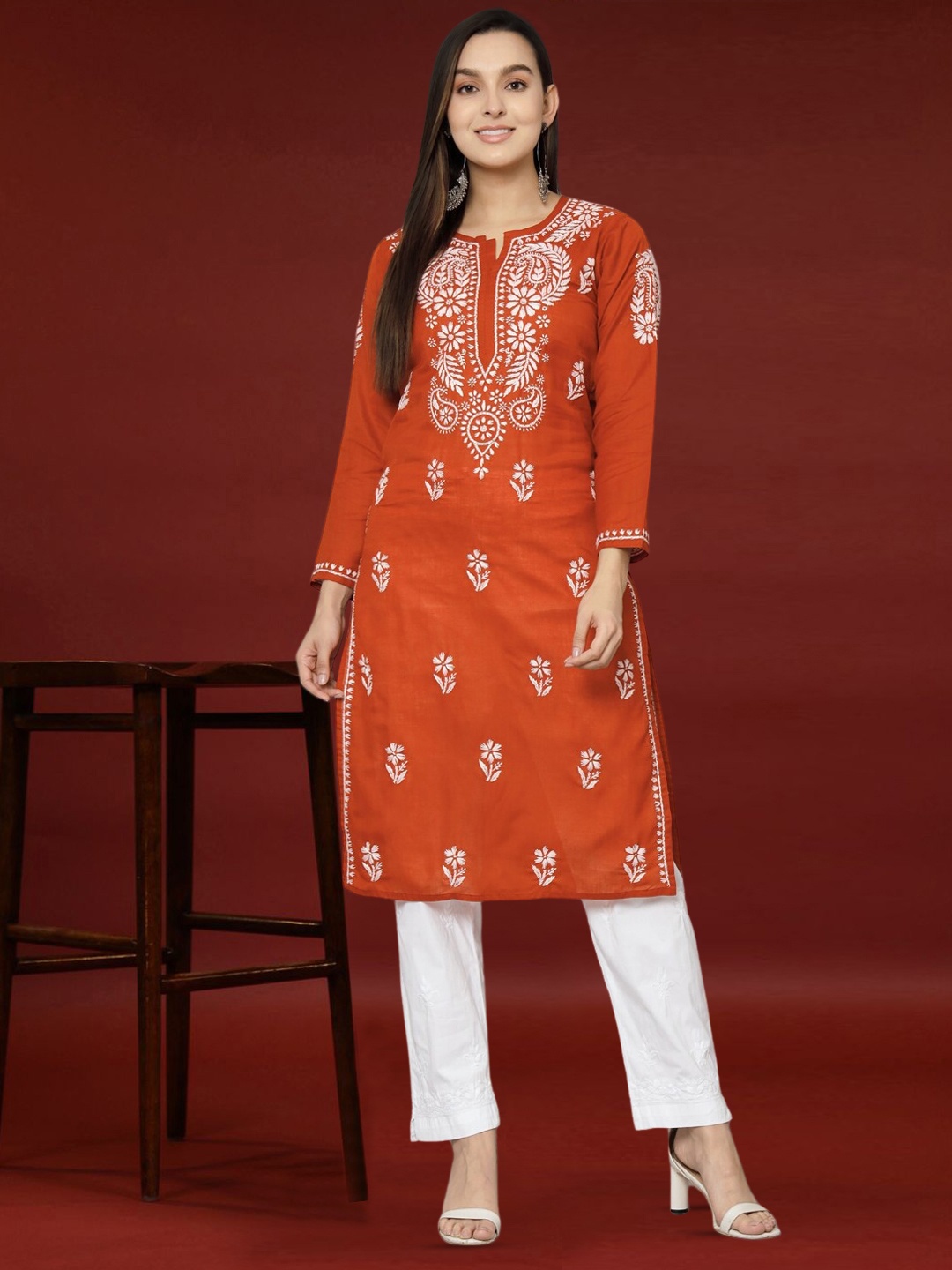 

PARAMOUNT CHIKAN Chikankari Embroidered Cotton Kurta, Rust