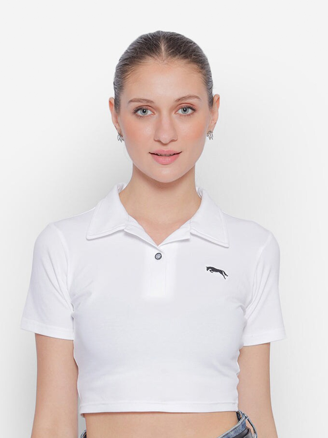 

JUMP USA Polo Collar Cotton Crop T-Shirt, White