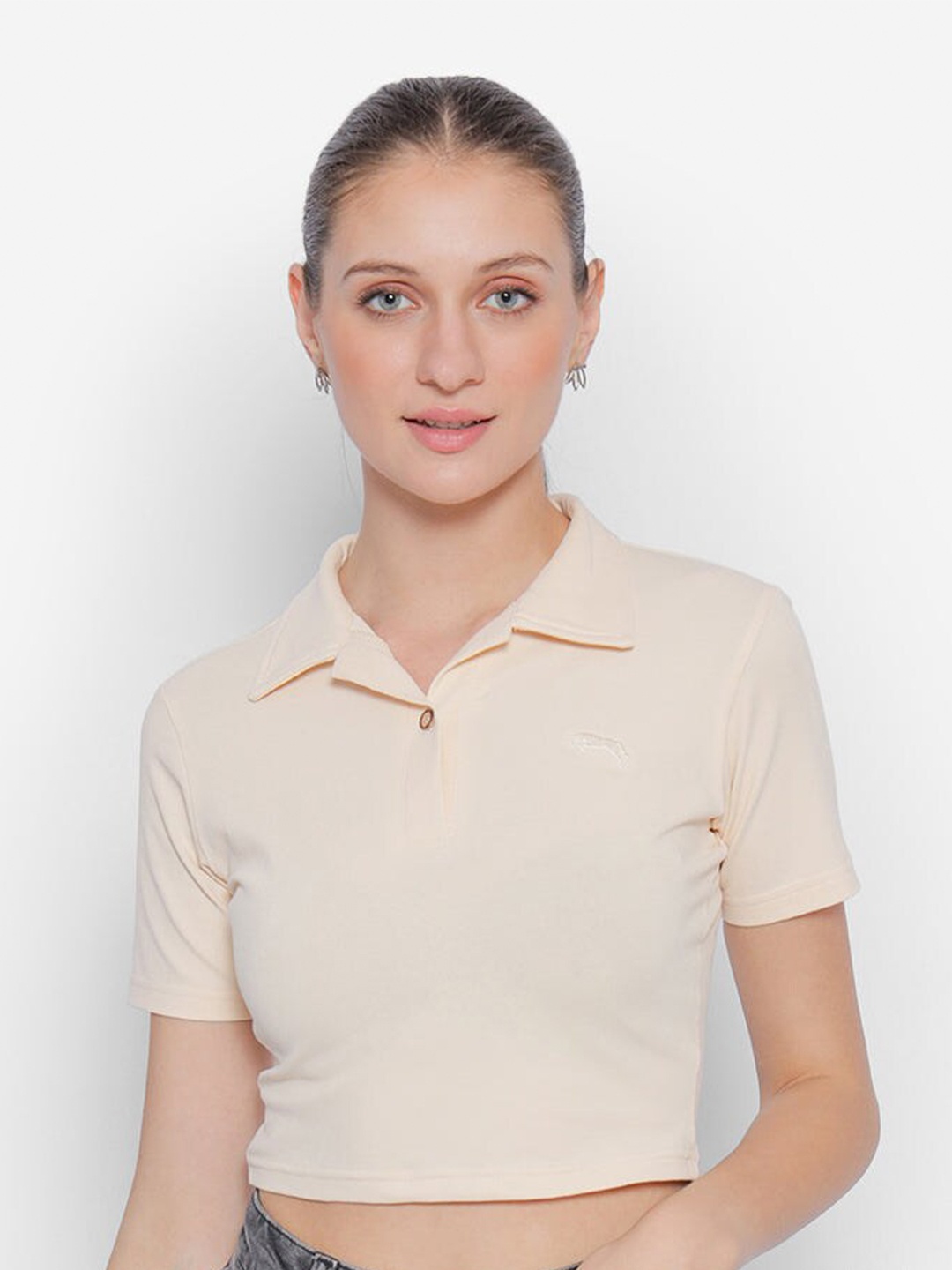 

JUMP USA Polo Collar Cotton Crop Top, Beige