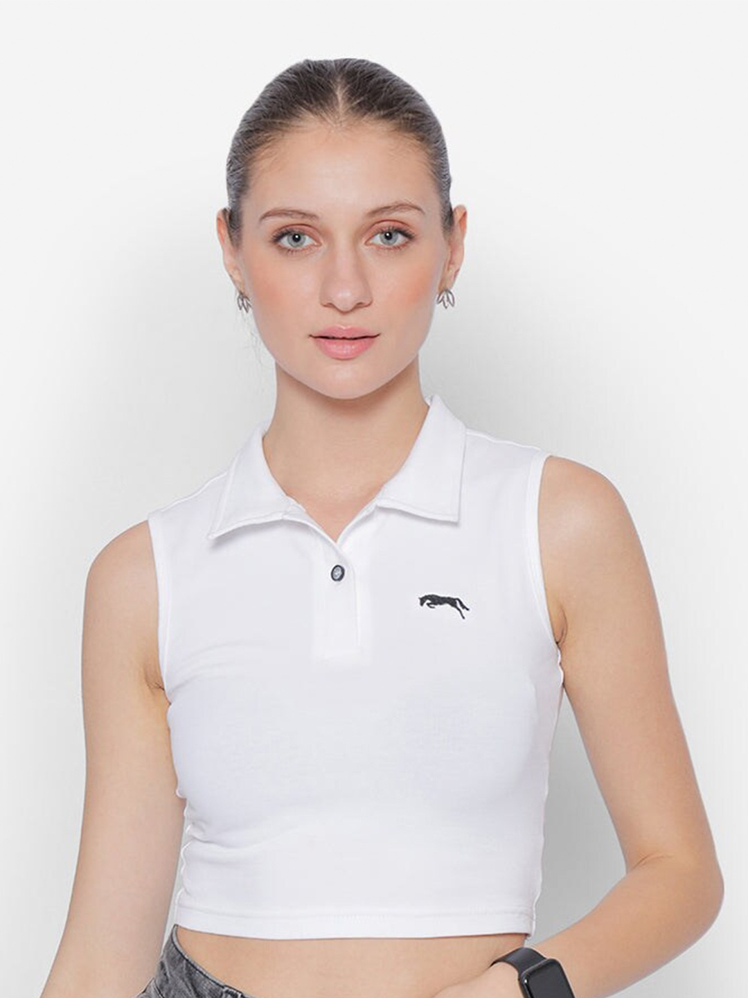 

JUMP USA Polo Collar Sleeveless Cotton Crop Top, White