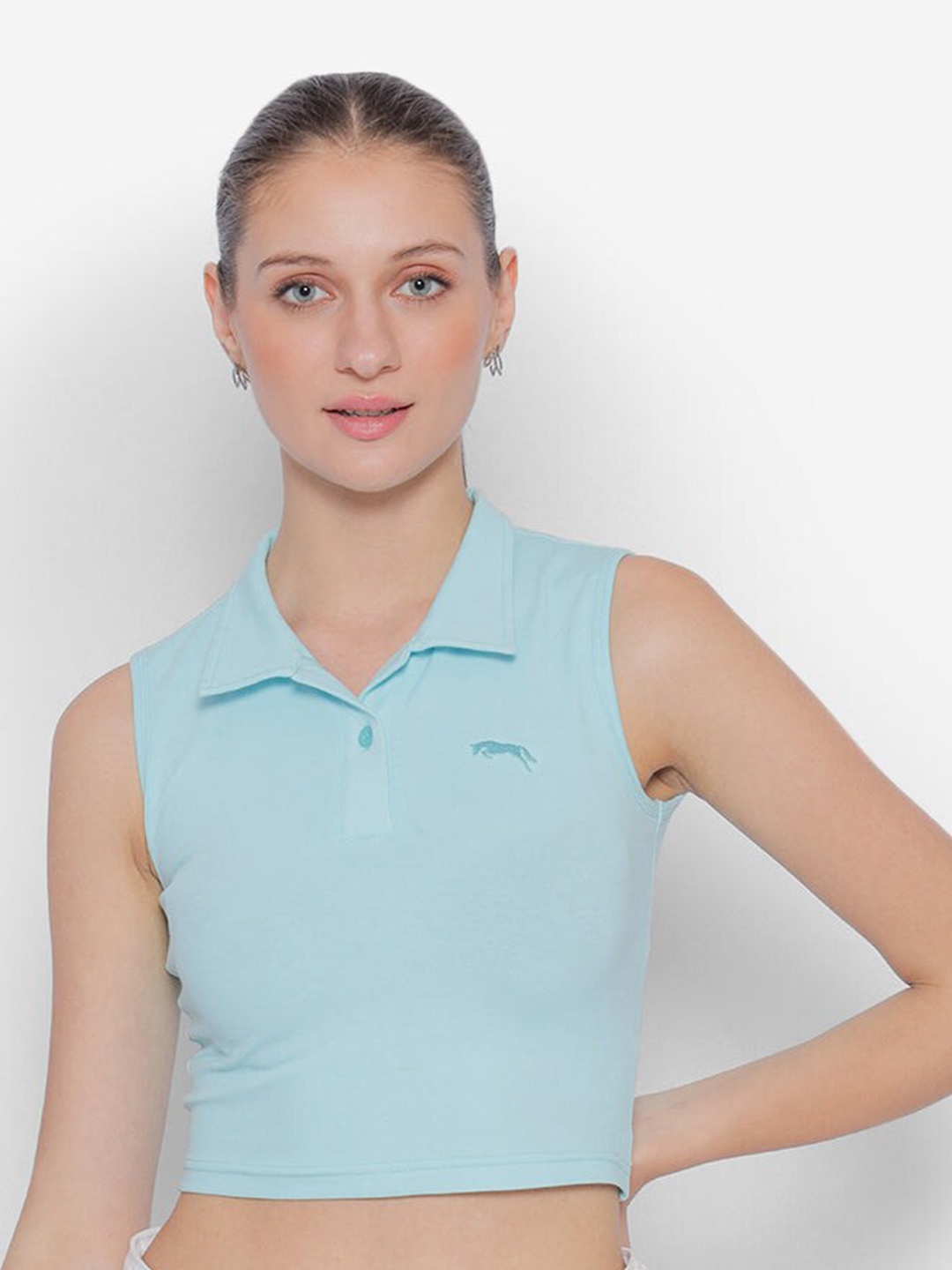 

JUMP USA Polo Collar Sleeveless Cotton Crop Top, Sea green