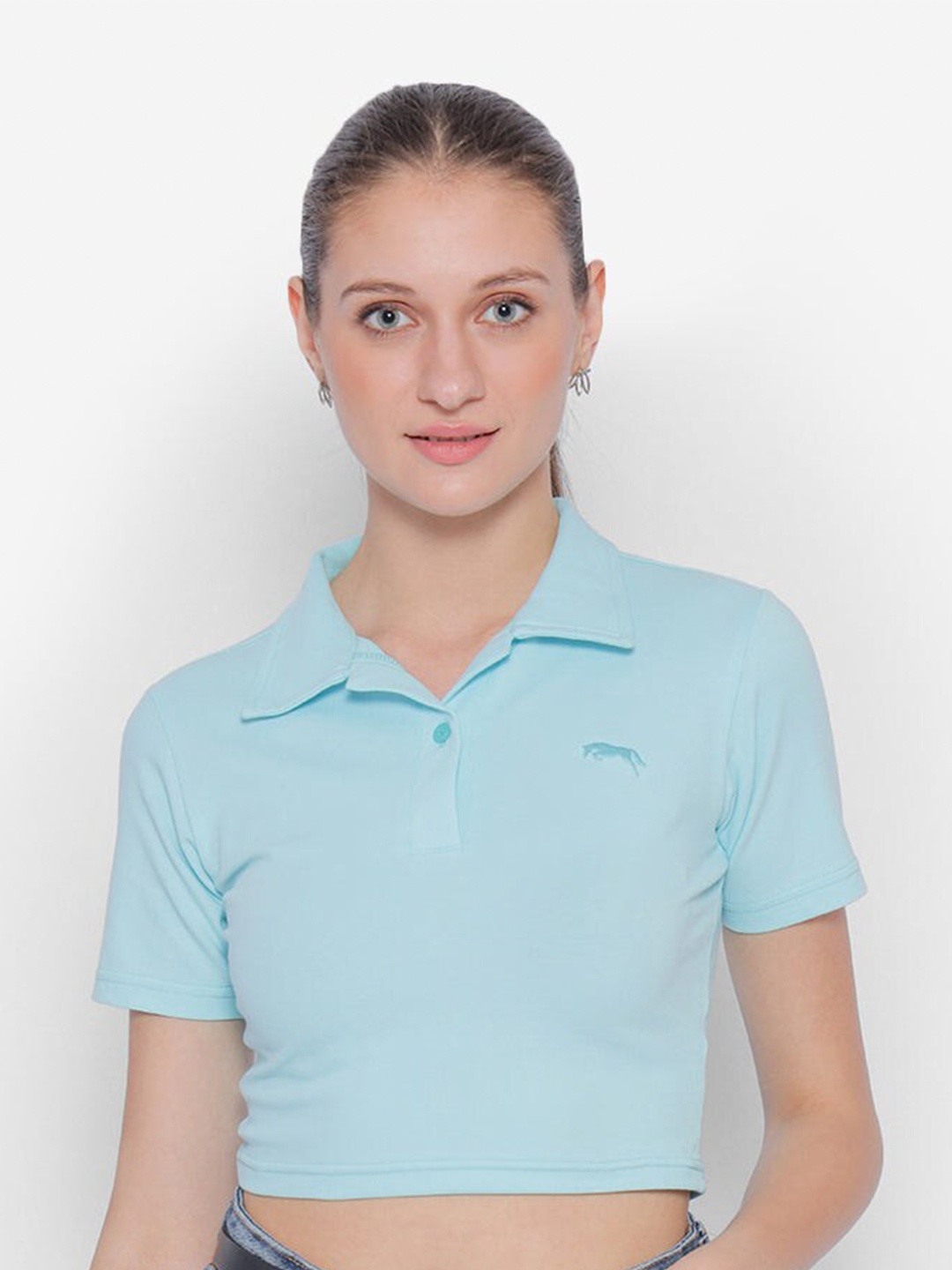 

JUMP USA Polo Collar Cotton Crop T-Shirt, Blue