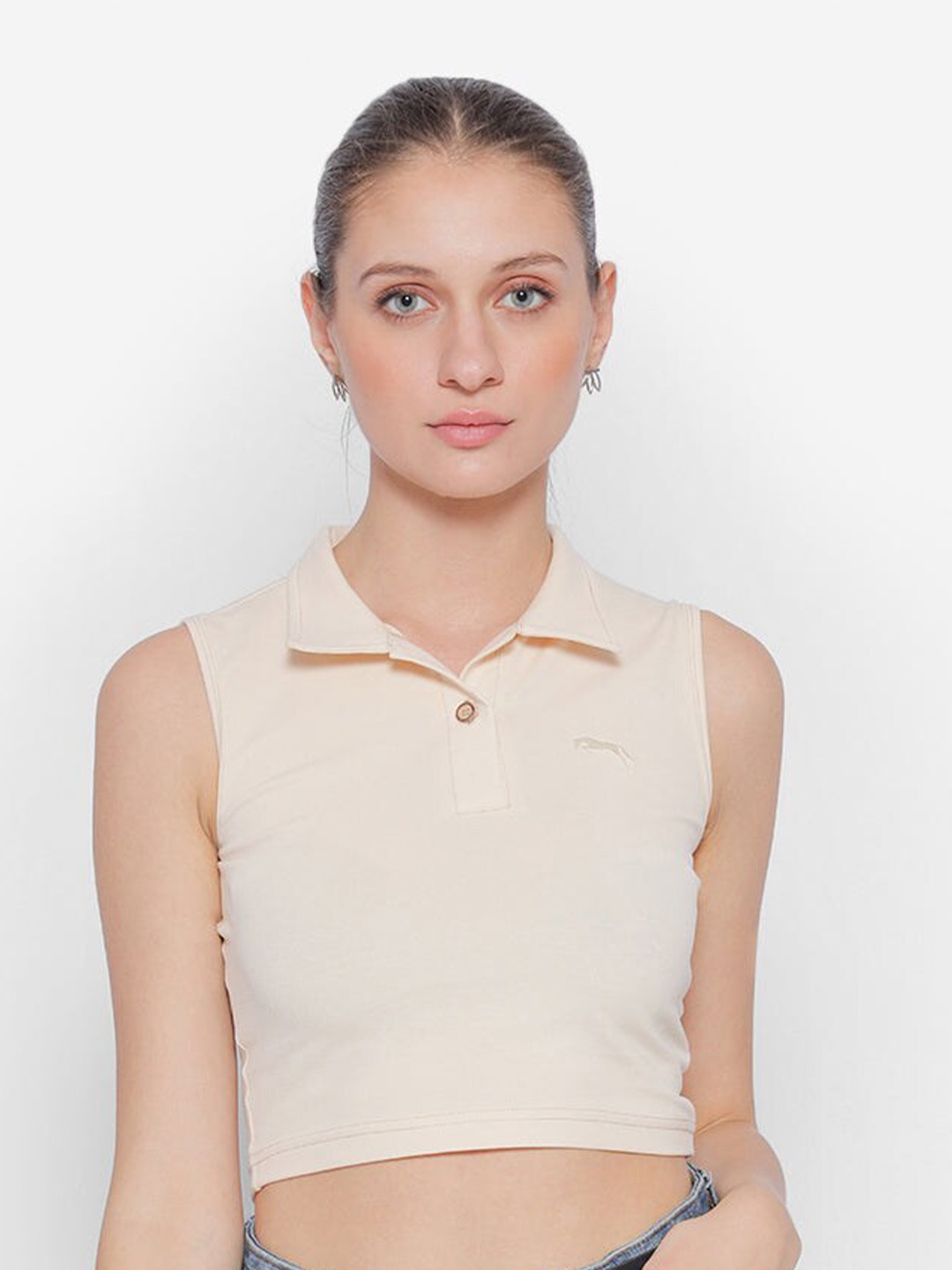 

JUMP USA Polo Collar Sleeveless Cotton Crop T-Shirt, Beige