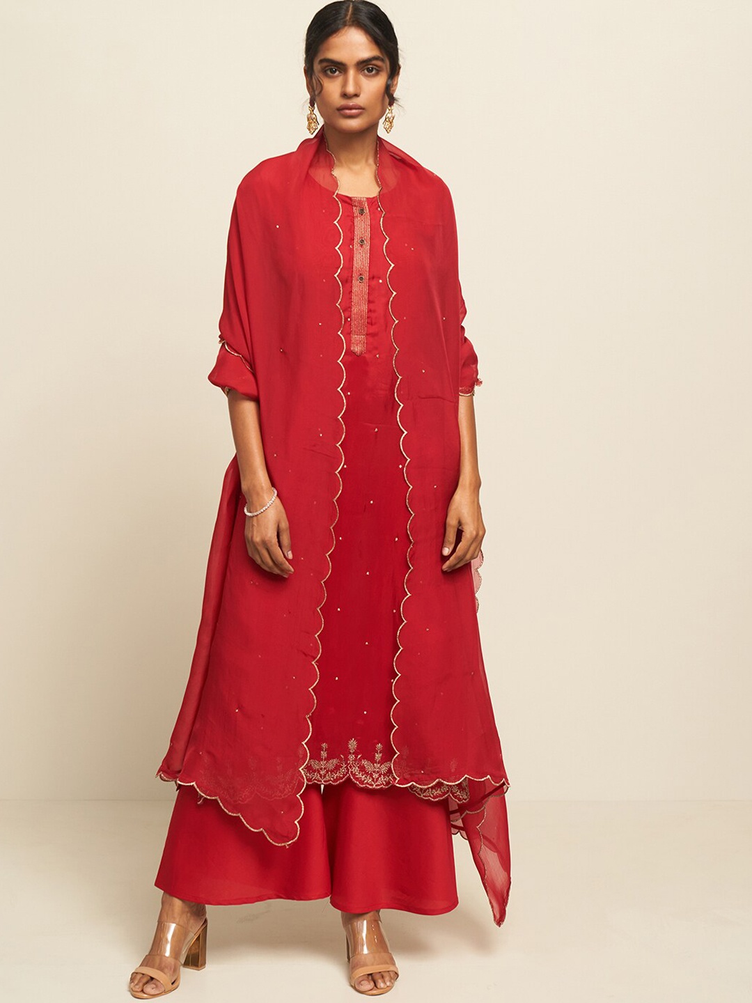 

Ganga Embroidered Pure Silk Kurta with Palazzos & Dupatta, Red