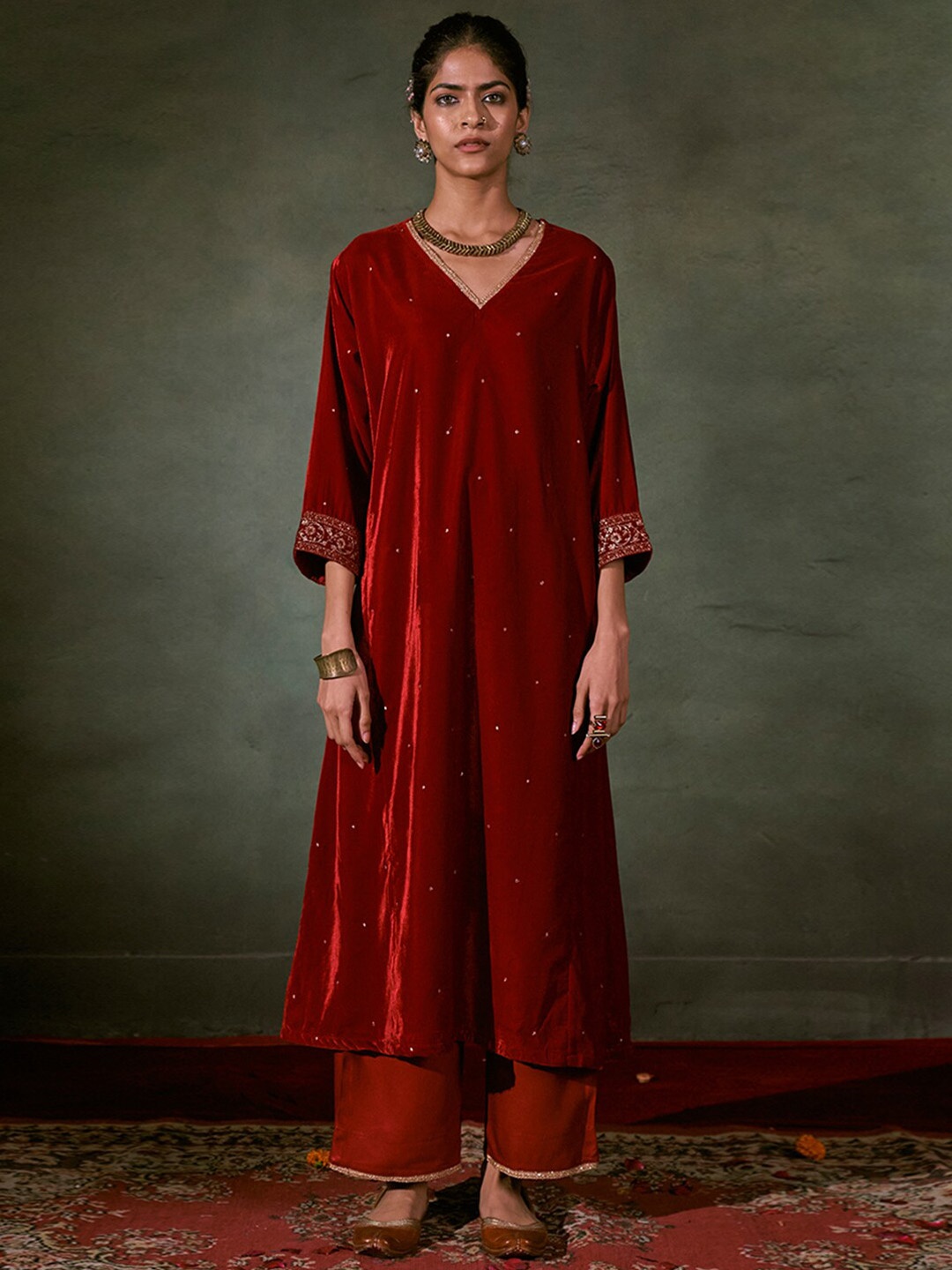 

Ganga Embroidered A-Line Velvet Kurta with Palazzos & Dupatta, Maroon