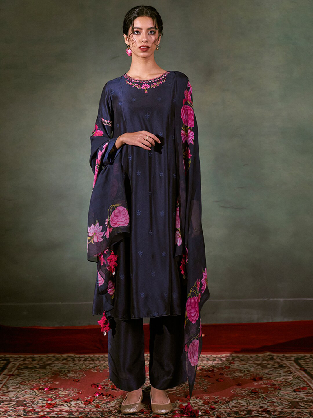 

Ganga Ethnic Motifs Embroidered Sequined Panelled Pure Silk Kurta with Palazzos & Dupatta, Navy blue