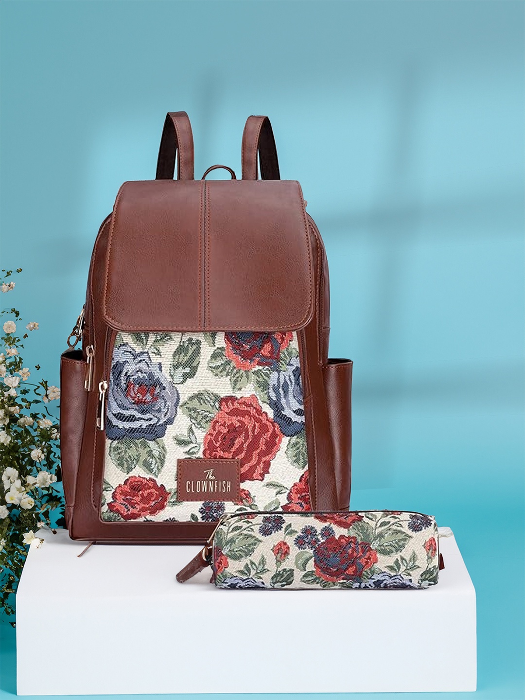 

THE CLOWNFISH Minerva & Expert Women Floral Printed Backpack with Zip Pouch, Brown