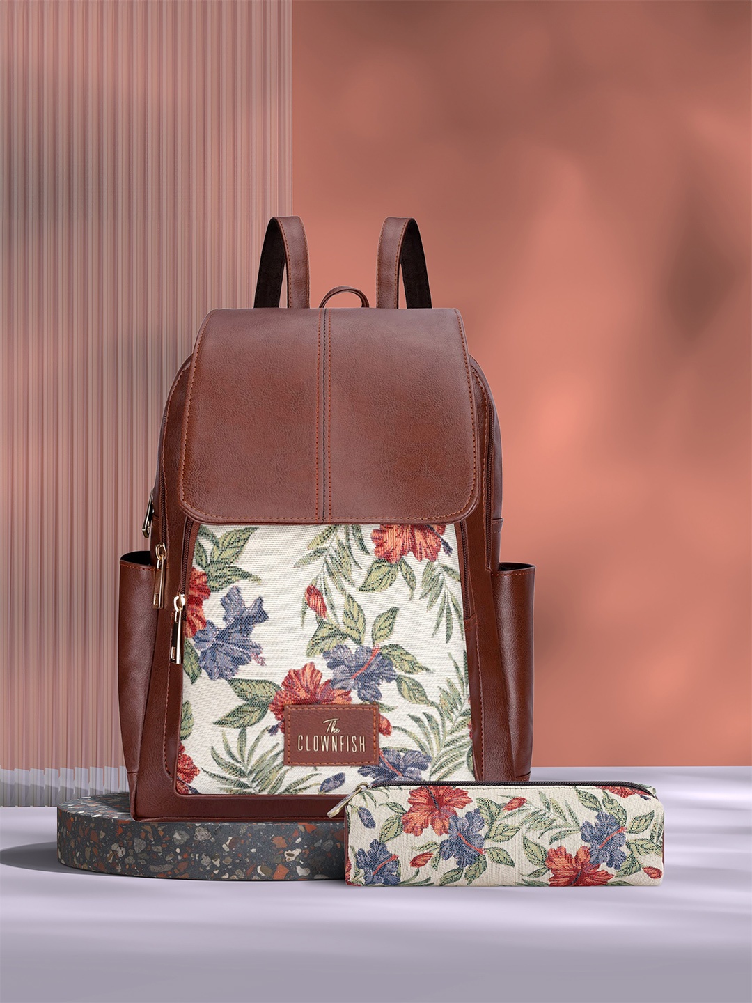 

THE CLOWNFISH Women Printed Backpack With Zip Pouch, Maroon
