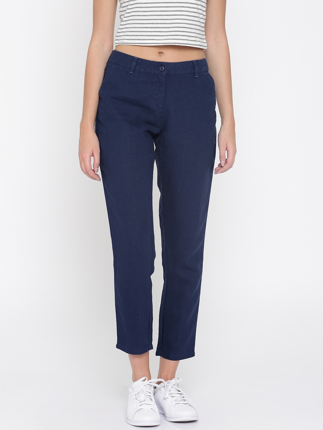 

U.S. Polo Assn. Women Women Blue Regular Fit Solid Regular Linen Trousers