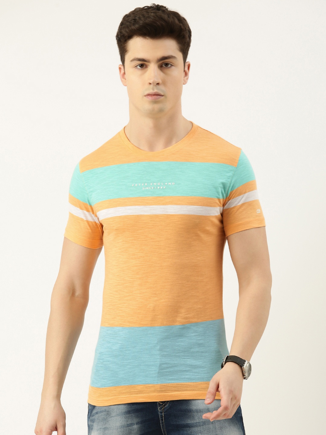 

Peter England Casuals Men Colourblocked Slim Fit T-shirt, Orange
