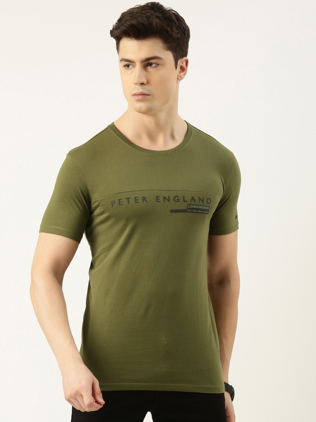

Peter England Casuals Men Brand Logo Printed Slim Fit T-shirt, Olive