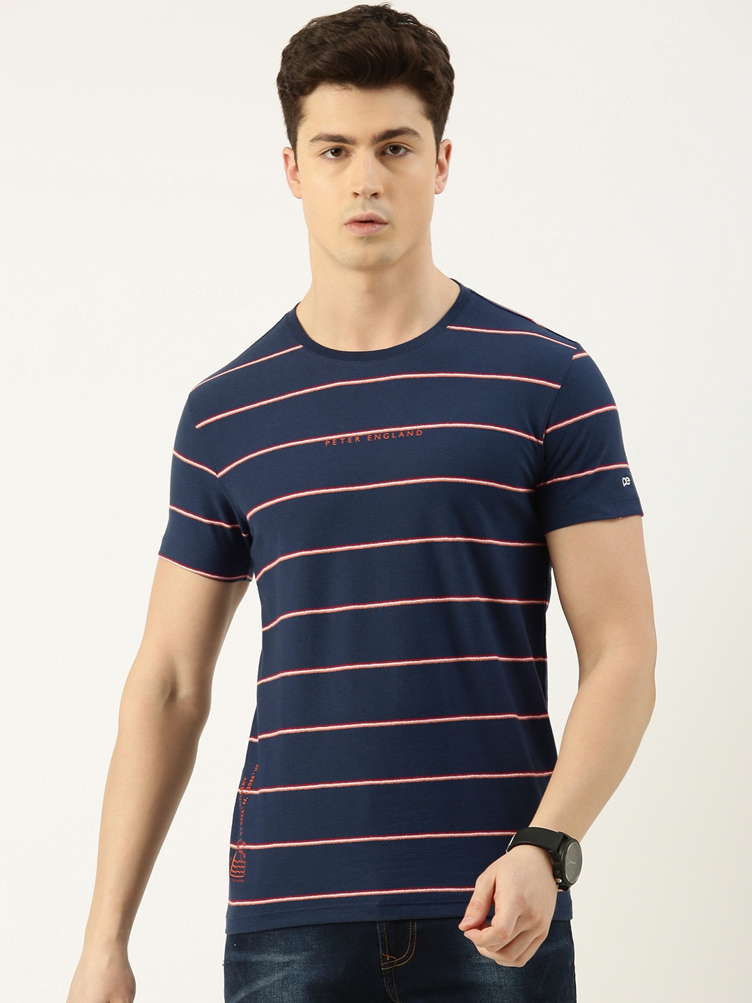 

Peter England Casuals Men Striped Slim Fit T-shirt, Navy blue