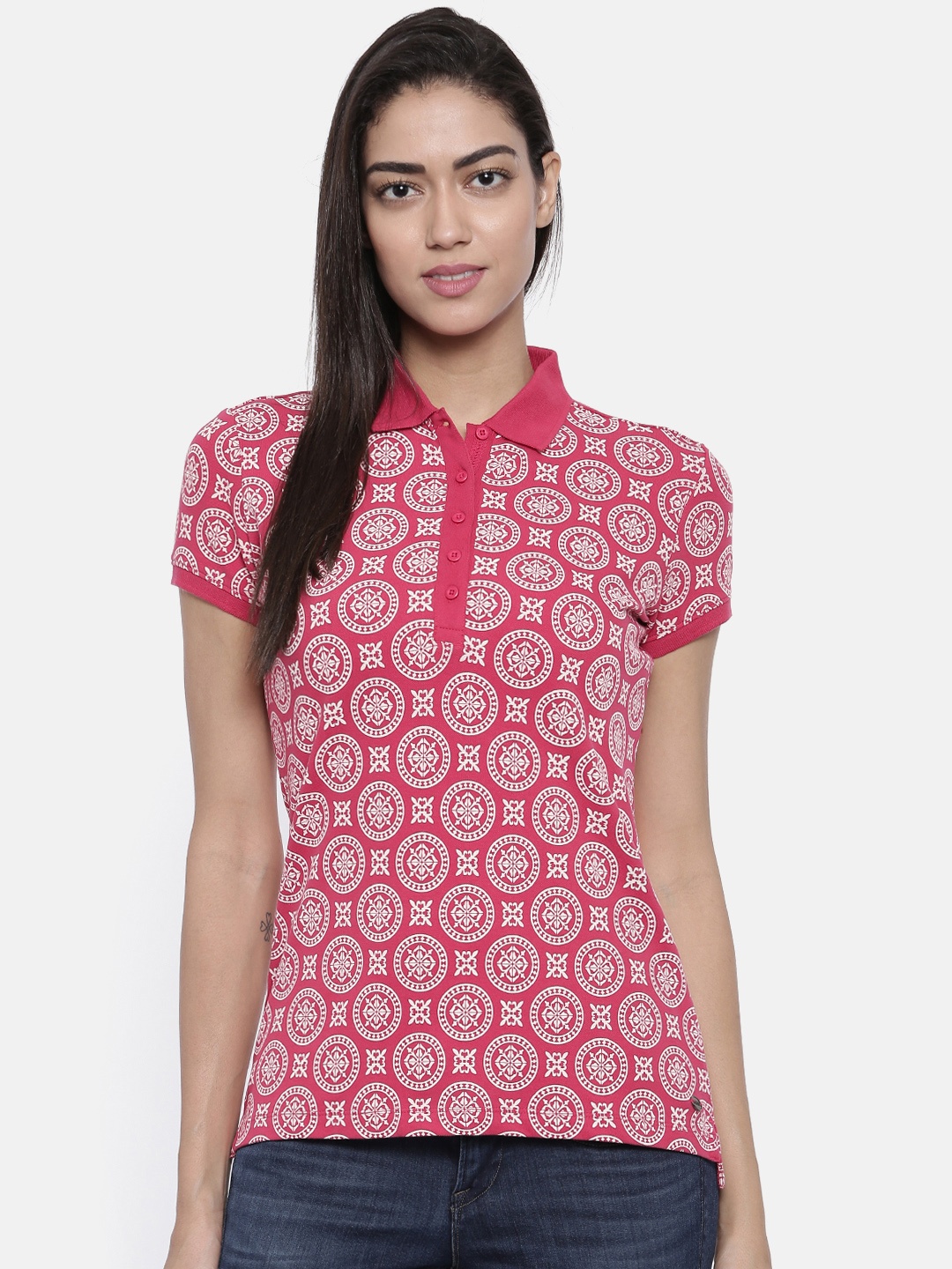 

U.S. Polo Assn. Women Pink Printed Polo Collar T-shirt