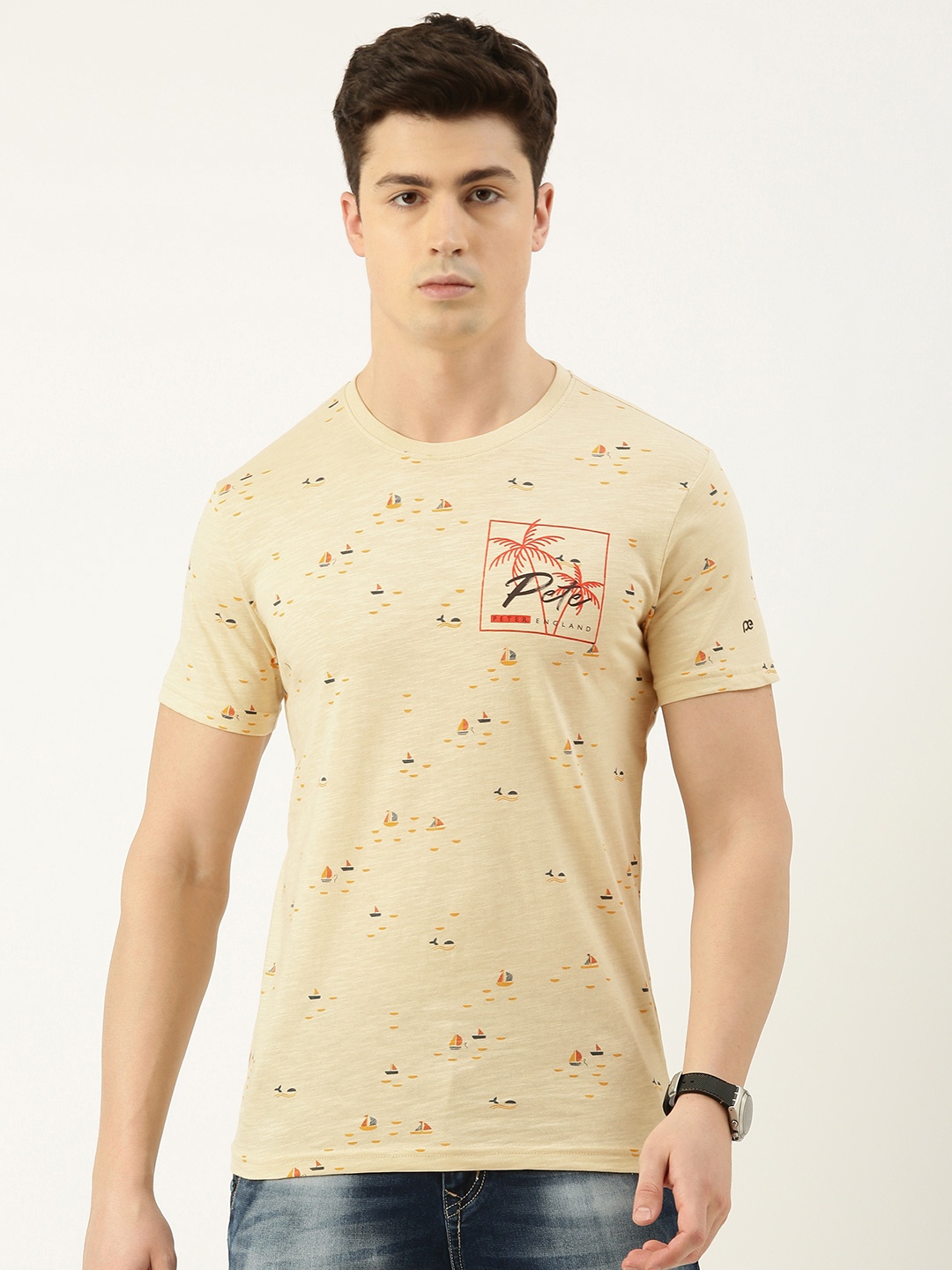 

Peter England Casuals Men Conversational Printed Slim Fit T-shirt, Beige