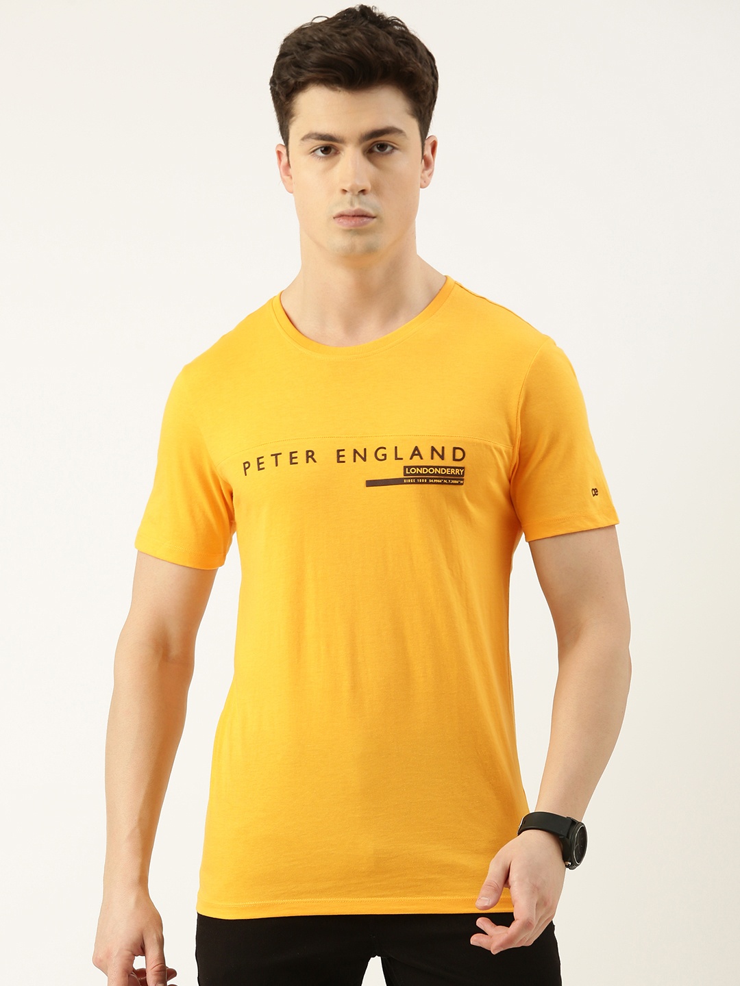 

Peter England Casuals Men Brand Logo Printed Slim Fit T-shirt, Yellow