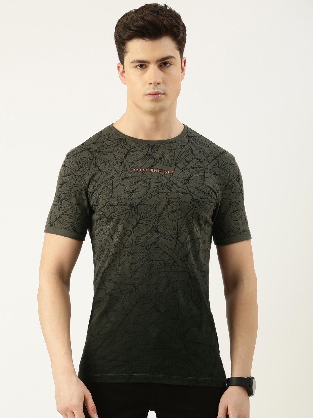 

Peter England Casuals Men Floral Printed Pure Cotton Slim Fit T-shirt, Olive