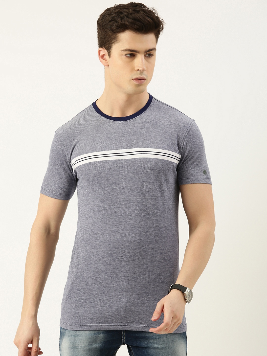 

Peter England Casuals Men Striped Slim Fit T-shirt, Blue