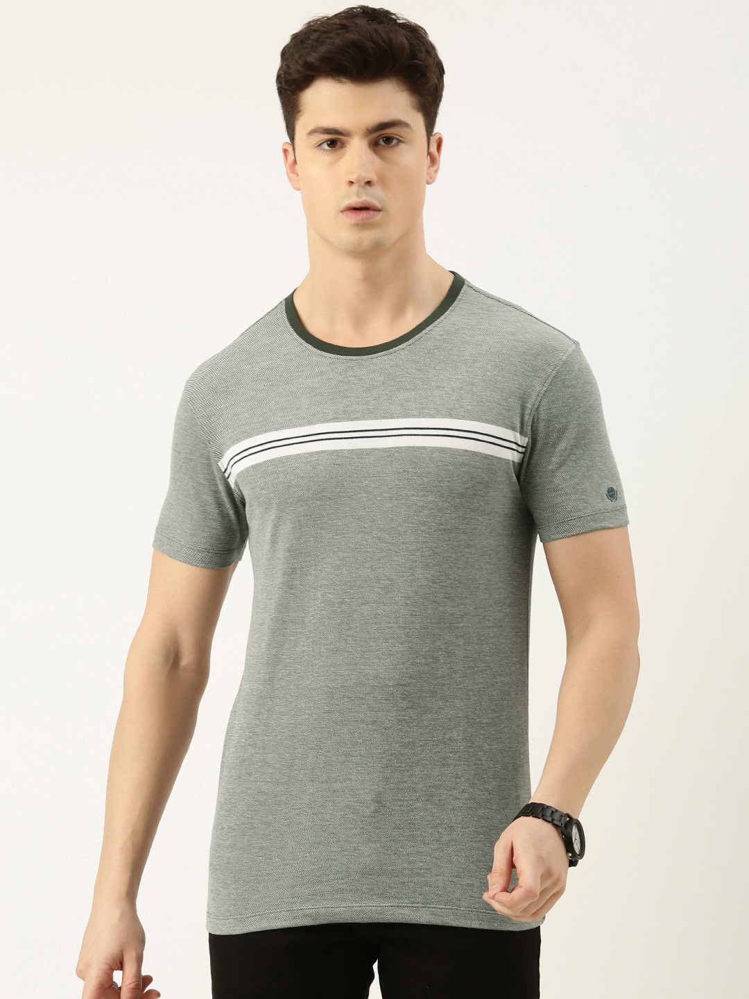 

Peter England Casuals Men Striped Slim Fit T-shirt, Olive