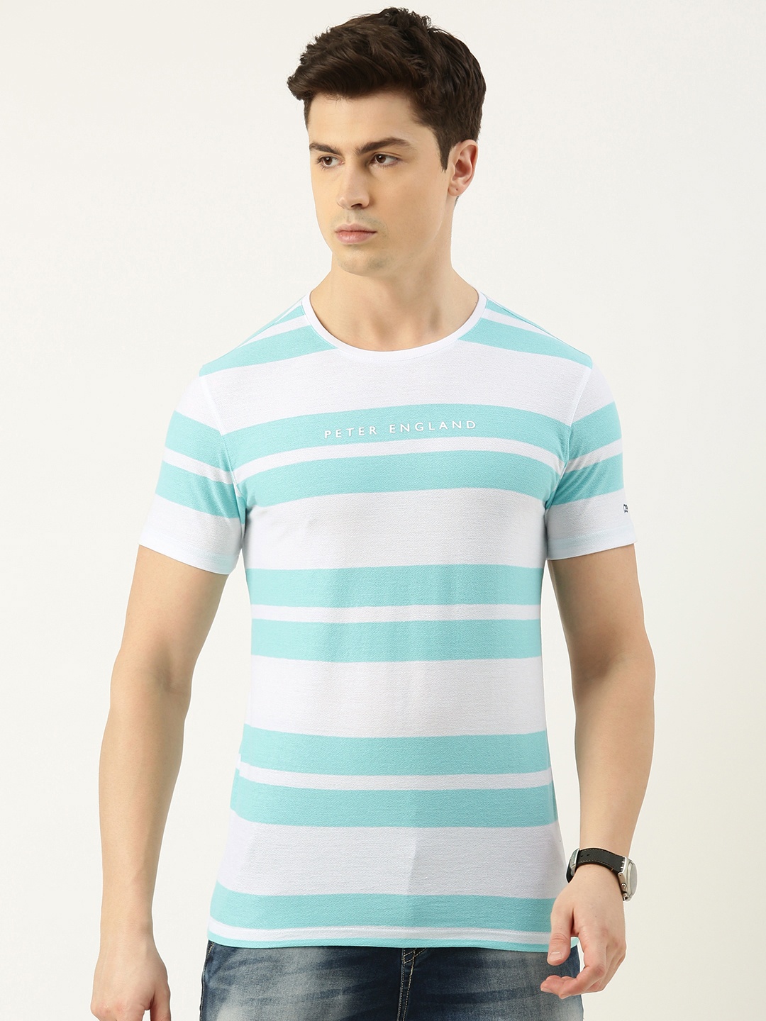 

Peter England Casuals Men Striped Slim Fit T-shirt, Blue