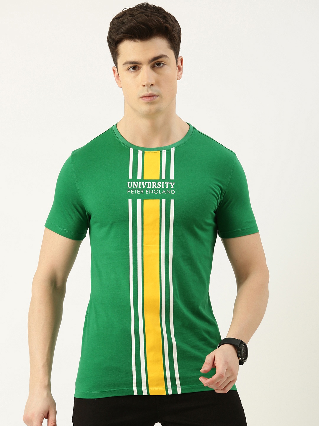 

Peter England Casuals Men Striped Slim Fit T-shirt, Green