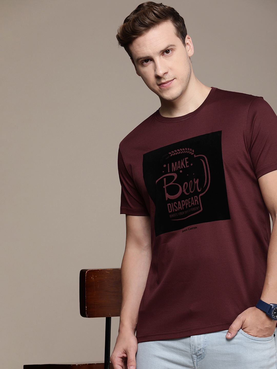 

SIMON CARTER LONDON Men Typography Printed Pure Cotton Slim Fit T-shirt, Maroon