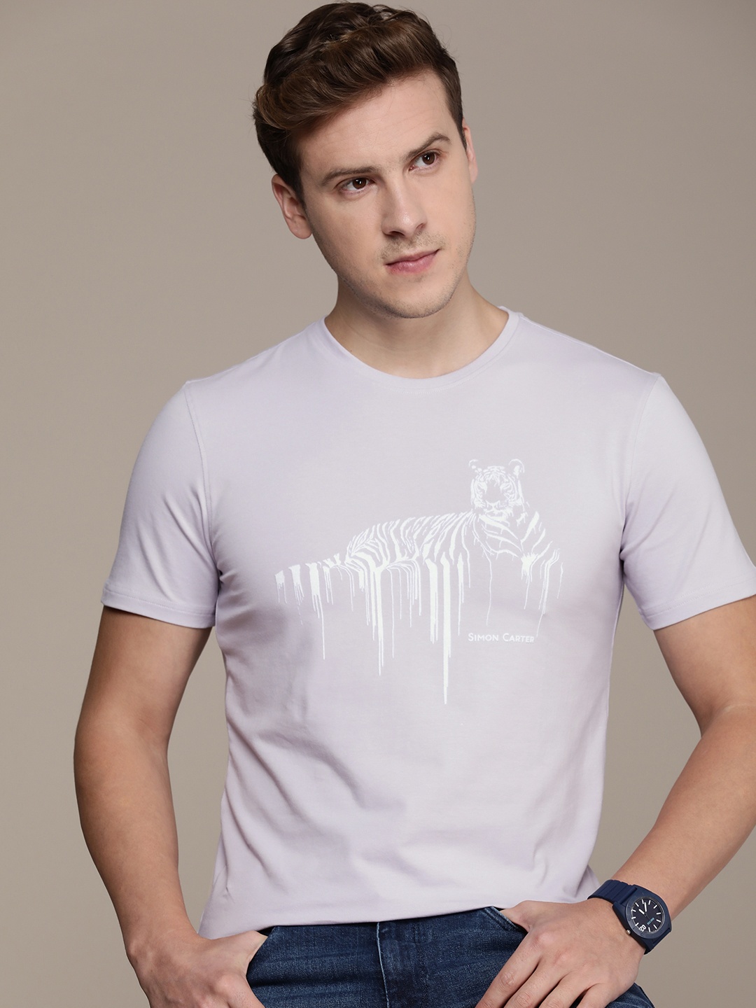 

SIMON CARTER LONDON Men Graphic Printed Slim Fit T-shirt, Purple