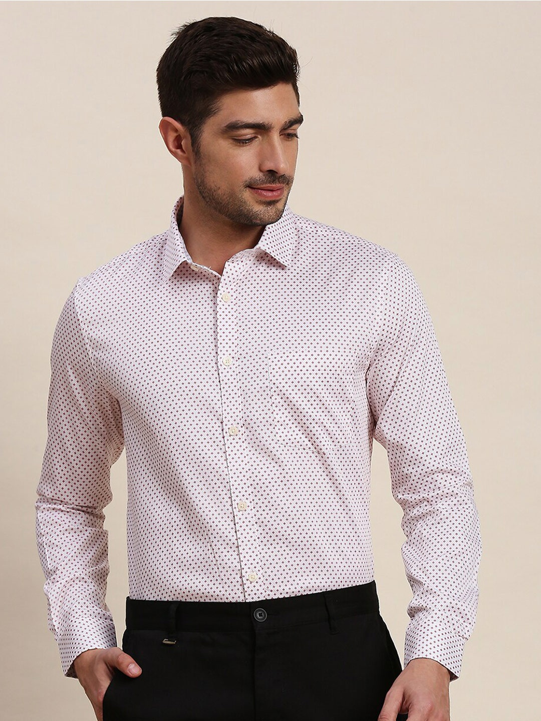 

INVICTUS Classic Slim Fit Micro Ditsy Printed Pure Cotton Formal Shirt, White