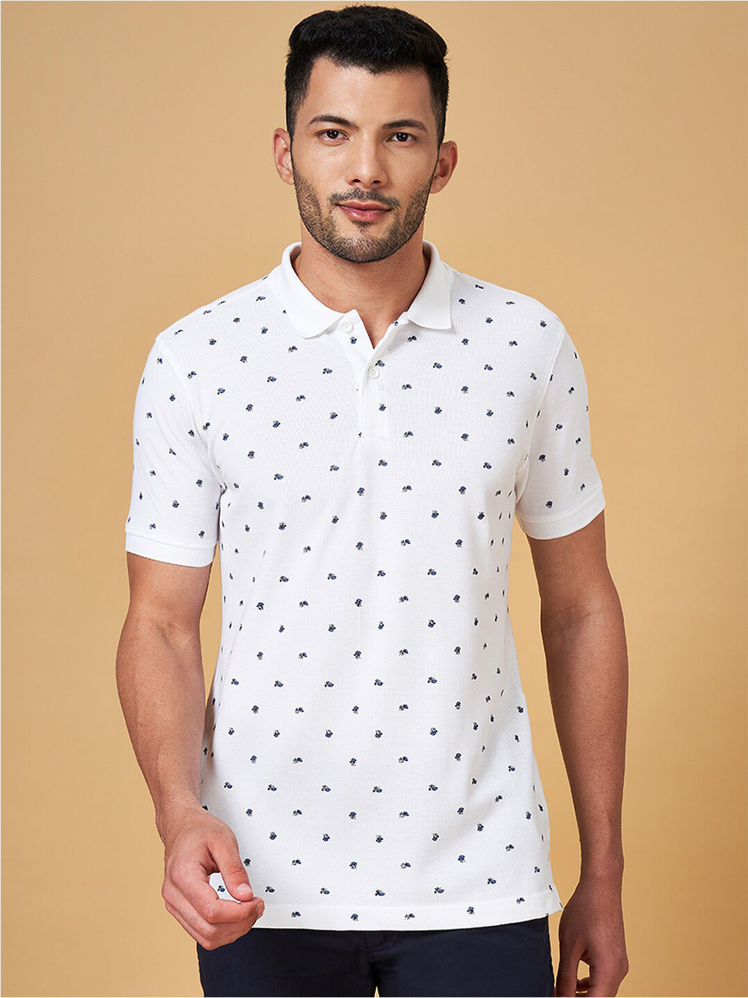

BYFORD by Pantaloons Floral Printed Polo Collar Slim Fit Cotton T-Shirt, White